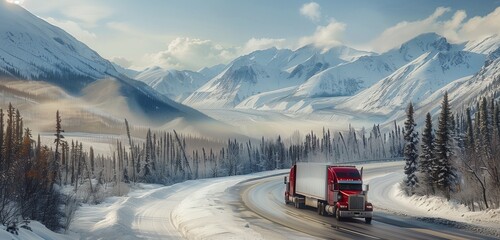 A lone truck navigating a snow-covered highway through the majestic Canadian Rockies, surrounded by towering peaks and pine trees blanketed in fresh winter snow. - obrazy, fototapety, plakaty