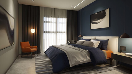 A contemporary bedroom with deep indigo accents, adorned with sleek and colorful minimalistic furniture for a modern touch.