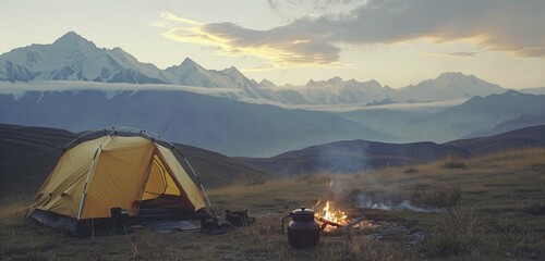 The enchanting warmth of a campfire and tea pot, accompanied by a tent, with the silhouette of mountains against a vibrant sunset sky.