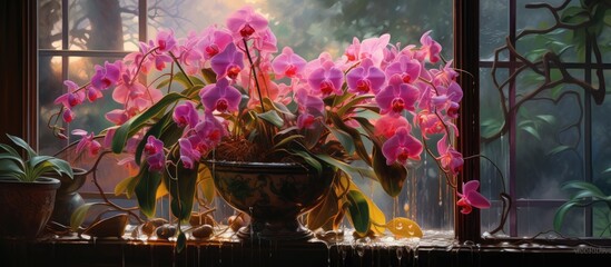 A Cattleya orchid with red flowers sits in a glass pot on a window sill, bathed in sunlight. The...