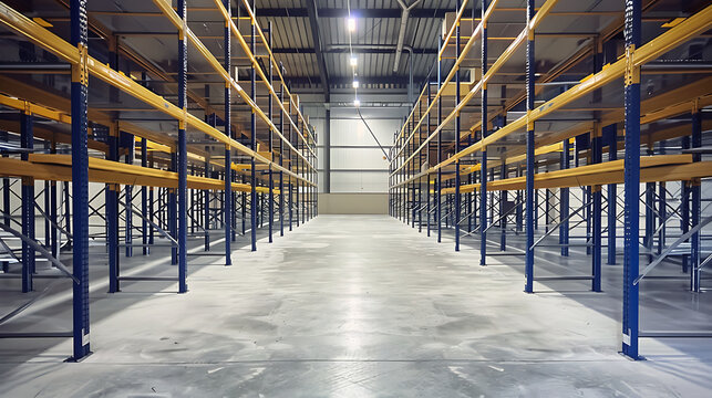 empty shelves in distribution warehouse, empty warehouse interior