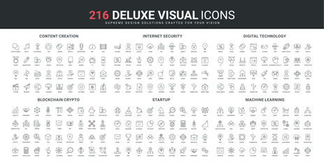Blockchain technology and startup challenge line icons set. Data protection from hackers, machine learning and mining, video content search and creation thin black outline symbols vector illustration