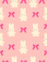 Pattern cute bunny with bows on pink background.