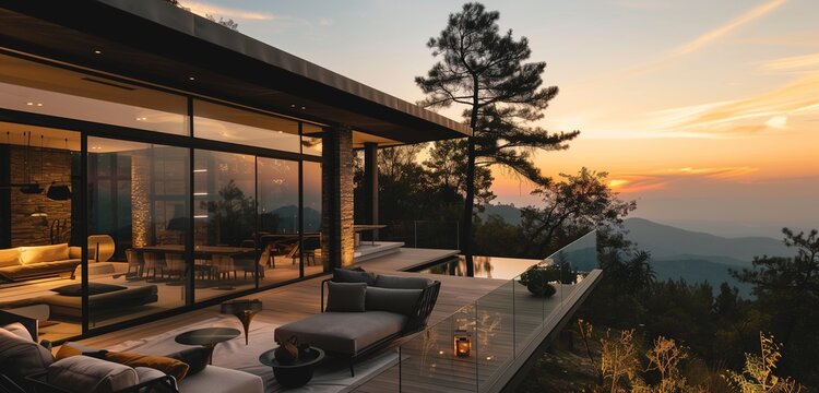imagine: A captivating portrayal of a modern luxury villa surrounded by mountains, boasting a minimalistic glass exterior that opens up to breathtaking views from the veranda.