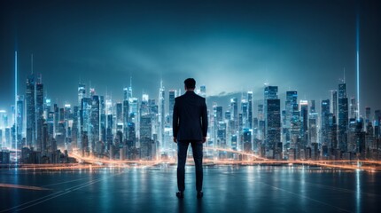 Fototapeta premium Person standing in front of digital cityscape with blueprints overlay at night