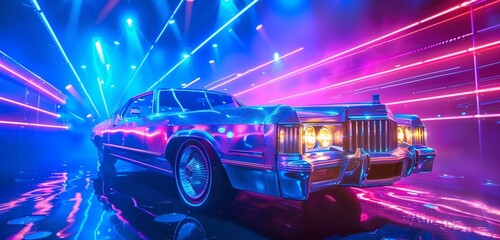 A visually striking scene of a disco party backdrop featuring a shiny vintage car illuminated by radiant blue and purple neon lights.