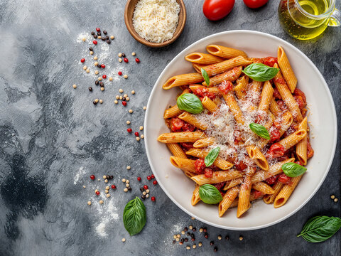 penne pasta with tomato sauce, parmesan cheese, and basil, on a fancy table arrangement, seen from above, copy space
