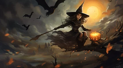 Gartenposter A witch flying on a broomstick with bats accompanying © Anaya