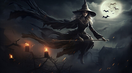 A witch flying on a broomstick with bats accompanying