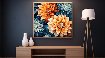 Abstract painting of orange blue and golden Dahlia flower