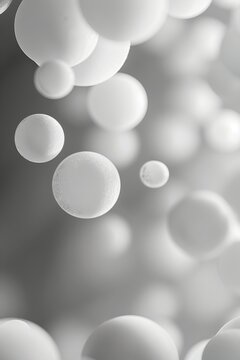 A wallpaper of many bubbles, shiny and small plastic balls are floating and moving, a pile of many metallic spheres in white and grey colors, AI Generated.