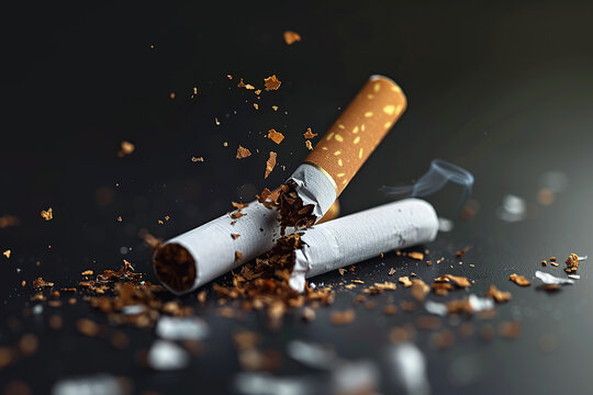 close up image of a broken cigarette over a dark background in the context of fight against tobacco addiction. Generative AI