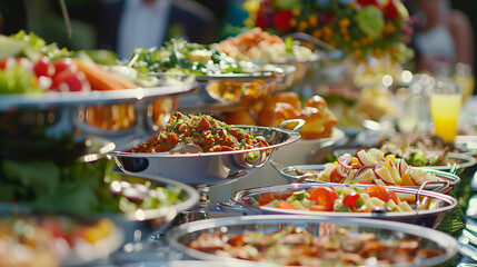 Catering food buffet, business people, festive backdrop, low depth of field