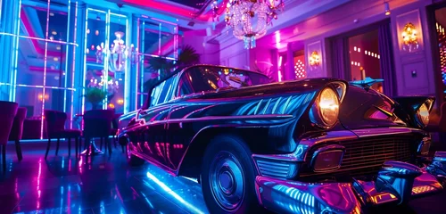 Zelfklevend Fotobehang A dazzling disco background with a vintage car bathed in vibrant blue and purple neon lighting, creating a nostalgic yet lively atmosphere for a disco party at a chic nightclub. © Muhammad