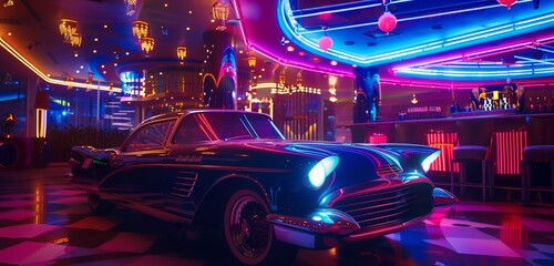 A dazzling disco background with a vintage car bathed in vibrant blue and purple neon lighting, creating a nostalgic yet lively atmosphere for a disco party at a chic nightclub.