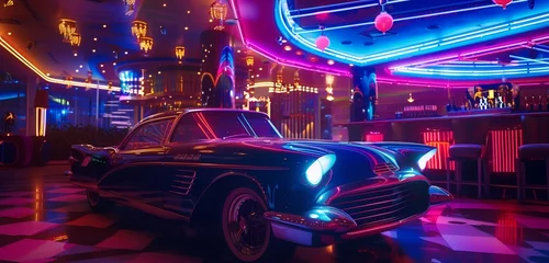 Schilderijen op glas A dazzling disco background with a vintage car bathed in vibrant blue and purple neon lighting, creating a nostalgic yet lively atmosphere for a disco party at a chic nightclub. © Muhammad