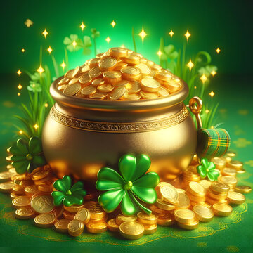 Pot of gold, gold coins, Shamrock leaves, isolated on a  green background, St. Patrick’s Day,
