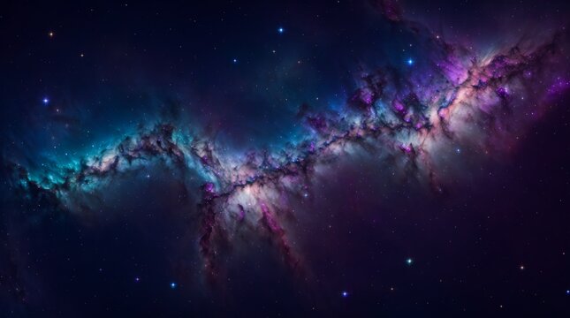 Starlit nebula swirls painted with blue and pink in a cosmic panorama 