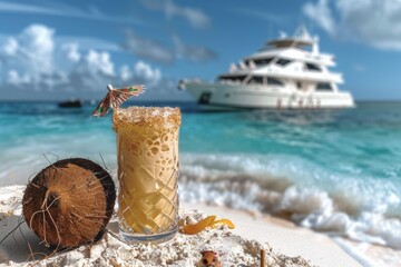 A perfect pina colada cocktail with a coconut next to it against the backdrop of a perfect beach. A blurry white yacht floats in the background. - obrazy, fototapety, plakaty