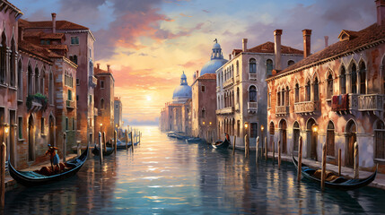 An oil painting of Venetianchitecture and water can - obrazy, fototapety, plakaty
