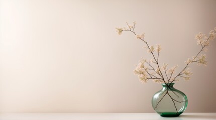 Trendy pink flowers bloom on slender branches in modern vase against subtle background