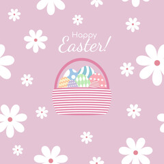 the easter flat cute seamless pattern with white flowers, pink basket, colorful eggs