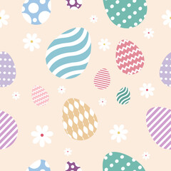 the easter flat cute seamless pattern with white flowers, colorful eggs on yellow background