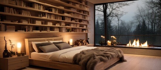 A spacious bedroom with a large bed dominating the room, complemented by a cozy fireplace. Wooden bookshelves line the walls, adorned with candles for added ambiance.