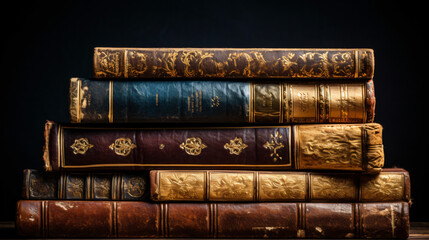 Antique Book Stack Pile of Old Books Bound in Leather - obrazy, fototapety, plakaty