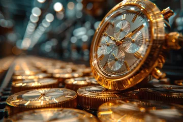 Foto op Plexiglas A gold watch is placed on top of a pile of gold coins. © Neuraldesign