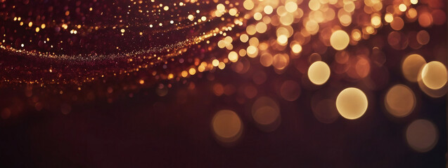 Deep maroon rays with golden sparkles and bokeh lights. - obrazy, fototapety, plakaty