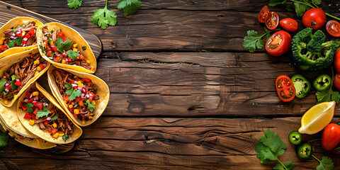 Tacos around the black board top view copy space background, Tasty appetizing tacos with vegetables, 

