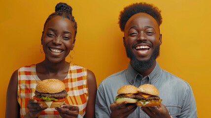 Fototapeta na wymiar Young African American couple standing over yellow background holding yummy burgers. Man and woman in casual clothes eating junk food and having fun. Fast food at lunchtime.