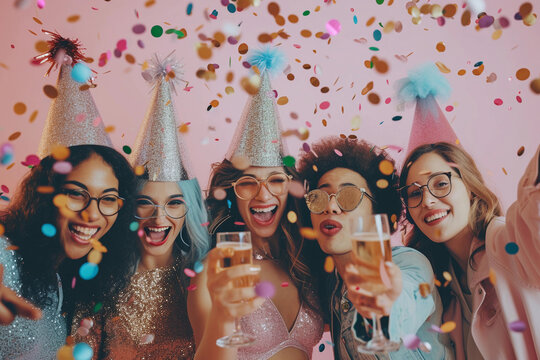 Group of mixed ethnicities friends having fun party time in pink isolated background. a group of young people of different nationalities celebrating a birthday in colorful caps with drinks.