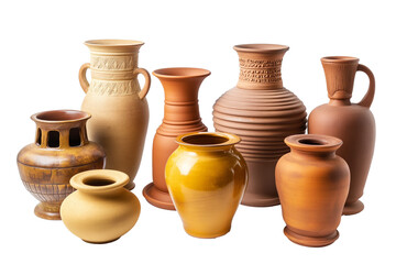 Fototapeta na wymiar Rows of shiny clay vases. Old traditional pottery ceramic isolated on a transparent background