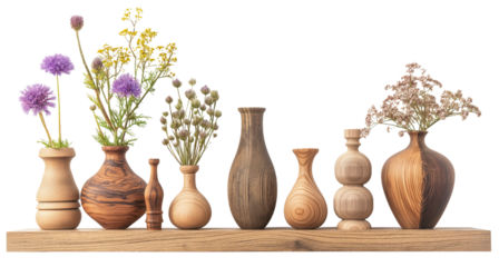 A row of various flowers in a wooden vase on a wooden table on a transparent background