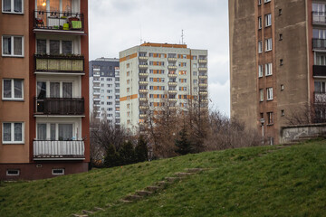 Old panelak house of flats in Goclaw district of Warsaw, capital of Poland