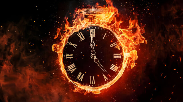 Clock on fire, time's burning end in fiery clock image. Generative AI.
