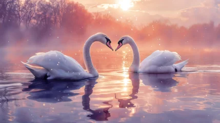 Fototapeten Two swans on the lake at sunset © Annette