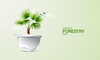 World forestry day, plants in Tob, green background, flying bird, Forestry day creative design for social media banner, poster 3D Illustration.