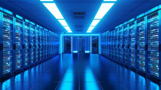 data server racks hub room with big data computer center blue interior for hosting storage hardware 