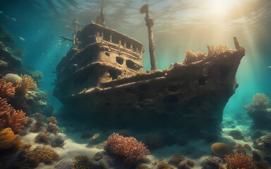 A sunken shipwreck surrounded by marine debris, resting on a coral reef. - obrazy, fototapety, plakaty