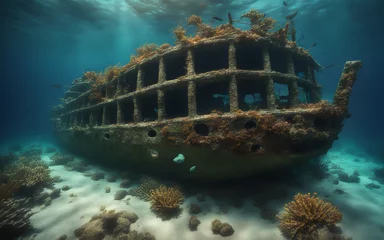Gordijnen A sunken shipwreck surrounded by marine debris, resting on a coral reef. © julien.habis