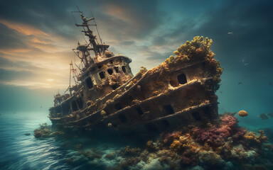 A sunken shipwreck surrounded by marine debris, resting on a coral reef. - obrazy, fototapety, plakaty