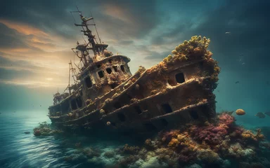 Zelfklevend Fotobehang A sunken shipwreck surrounded by marine debris, resting on a coral reef. © julien.habis