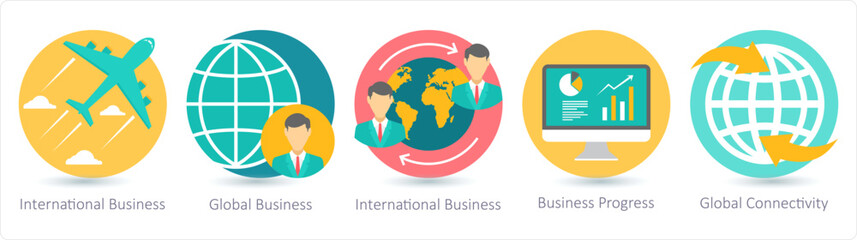 A set of 5 business icons as international business, global business, business progress