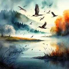 Fotobehang 호수 위를 나는 새들 © 용식 서