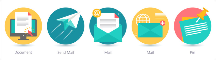 A set of 5 business icons as document, send mail