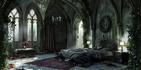 Enchanting whimsical gothic bedroom. - obrazy, fototapety, plakaty