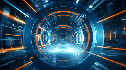 Futuristic tunnel with glowing lights symbolizing speed, data transmission and connectivity